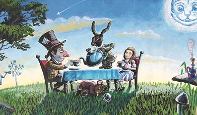An illustrative scene depicting the Madhatters Tea Party in Alice in Wonderland.