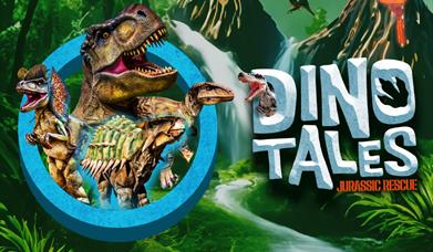 Four dinosaurs in a blue circle next to the show title in front of a background of foliage, two volcanos and a river.