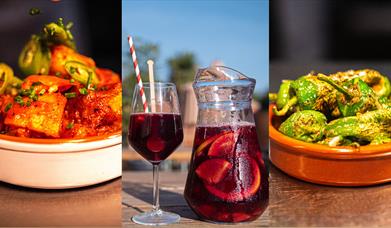 A collage of three photographs showing two tapas dishes and a jug of red wine sangria in the sun